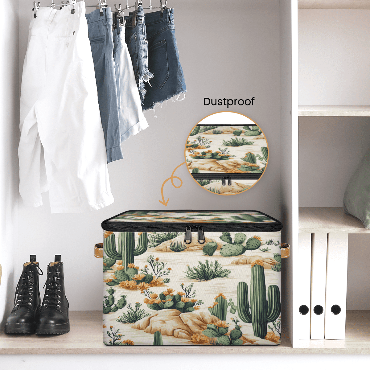 ADECORIVY Cactus Storage Bin with Lid Fabric Tropical Desert Cactus Plant Foldable Storage Baskets Boxes for Clothes Shelves Closet Organizer Containers with Leather Handles for Wardrobe