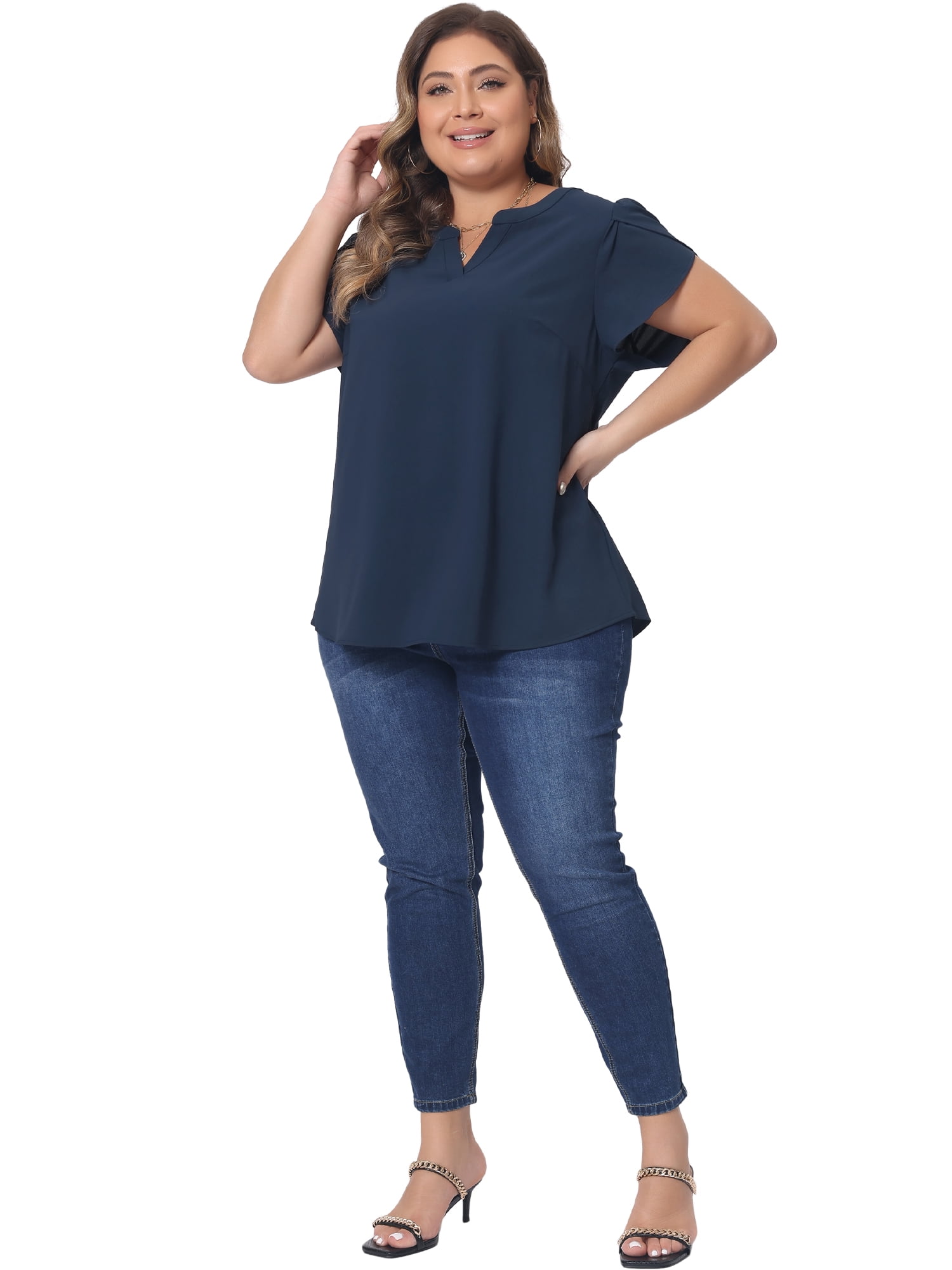 Women's Plus Blouses Notched V Neck Short Petal Sleeve Shirts Casual Dressy Tops 1X Dark Blue
