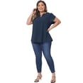 thumbnail image 3 of Women's Plus Blouses Notched V Neck Short Petal Sleeve Shirts Casual Dressy Tops 1X Dark Blue, 3 of 6
