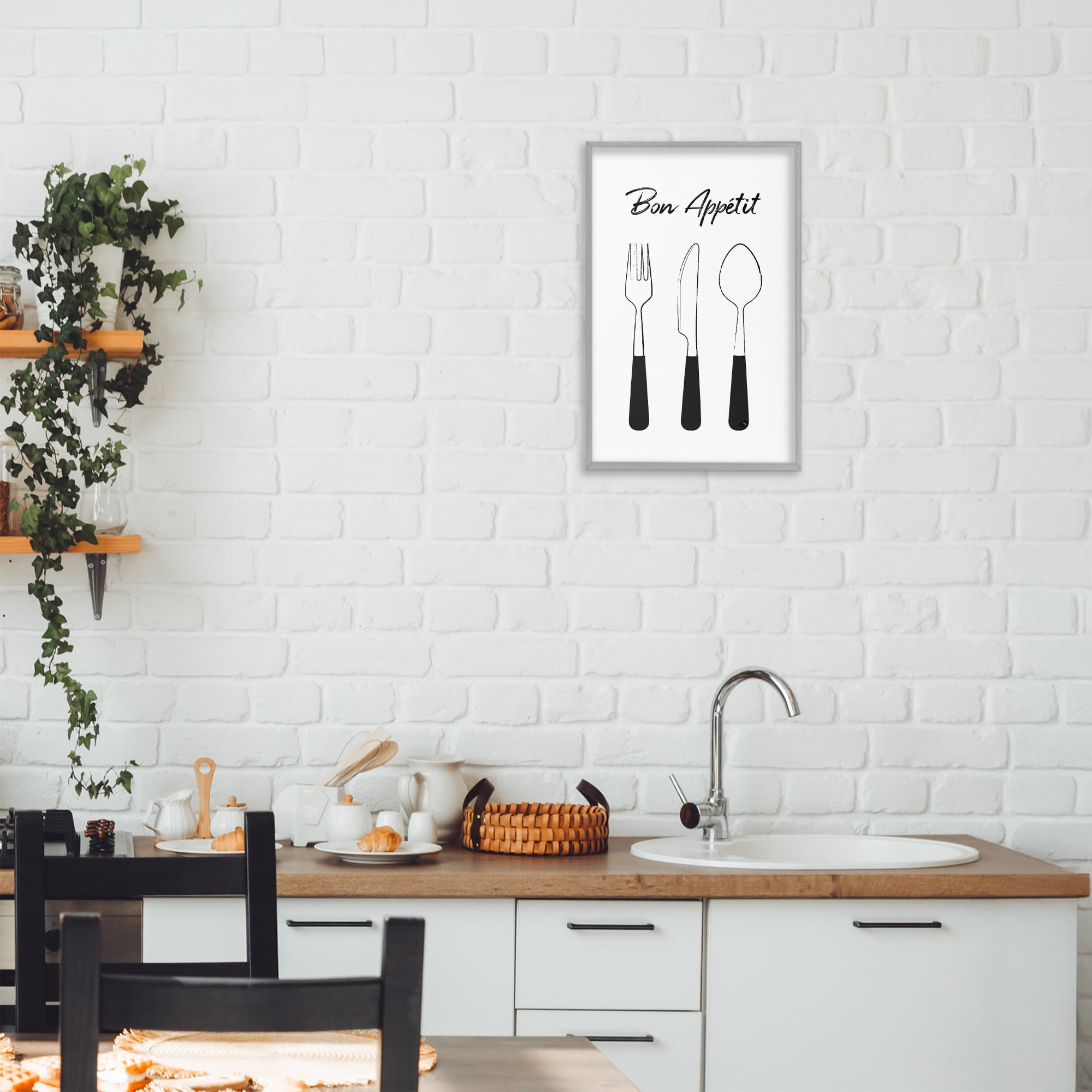 Stupell Industries Bon Appetit Fork Knife Spoon Gray Framed Giclee Art, design by Martina Pavlova