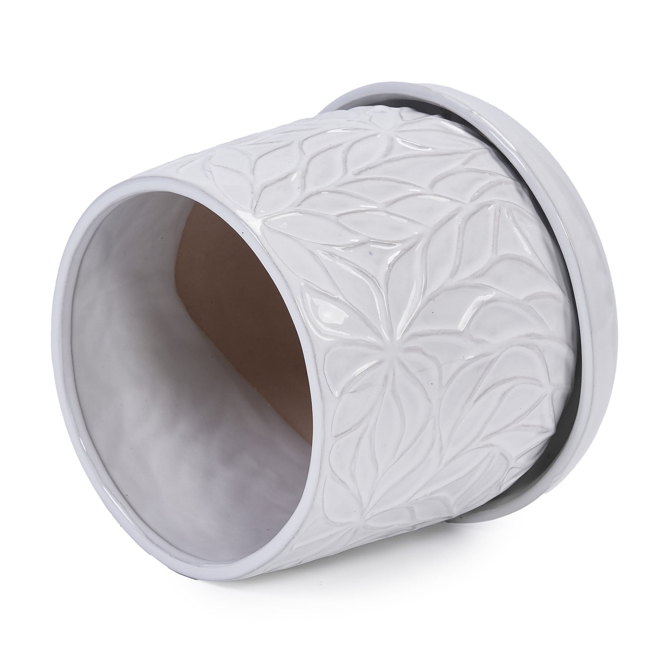 Noble House Olivia Embossed Leaf Ceramic Planter Set, Modern Flowerpots with Drainage, Set of 2, Gloss White