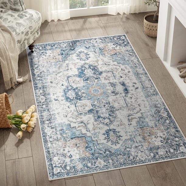 Alfombra Jinchan, lavable, para entrada, estilo vintage, 90 x 150 cm, color azul