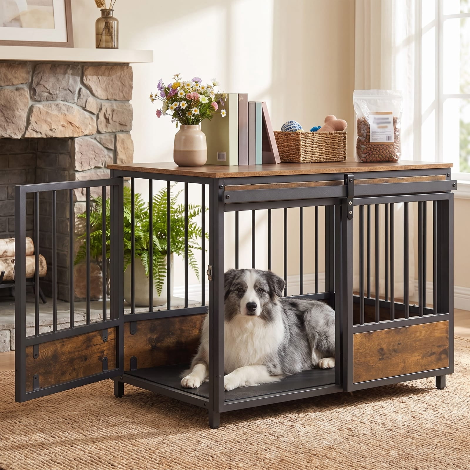 Vebreda 32.5-inch Furniture Style Dog Crate with 2 Doors, Sliding Barn Door and Oxford Mat, Rustic Brown
