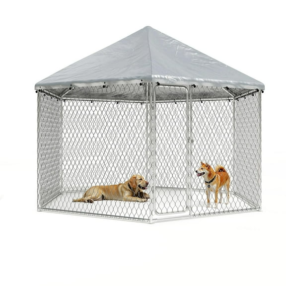 TIME RAY 6.8x6.8 ft Outdoor Dog Kennel,Dog Kennel Outdoor with Waterproof Cover and Security Lock, Galvanized Hexagonal Dog Cage for Large Dogs