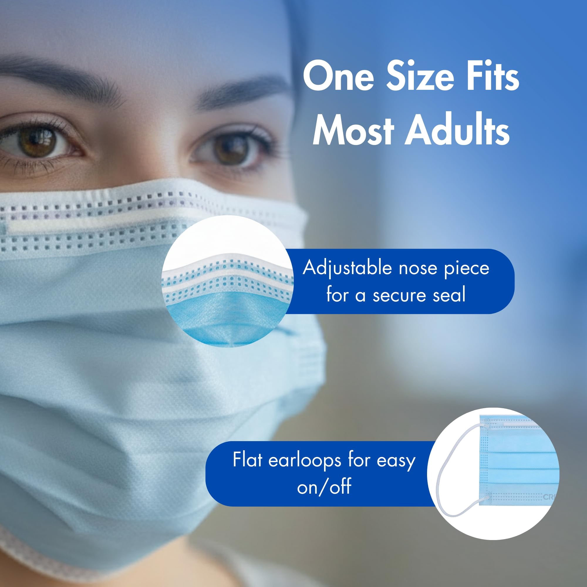 Criterion ASTM Level 1 Disposable Face Mask, Adult Size, Blue, 3-Ply, Fluid Resistant, Latex-Free, Flat Earloops, Adjustable Nose Piece, 50/Box - 3 Boxes (150 Total Masks)