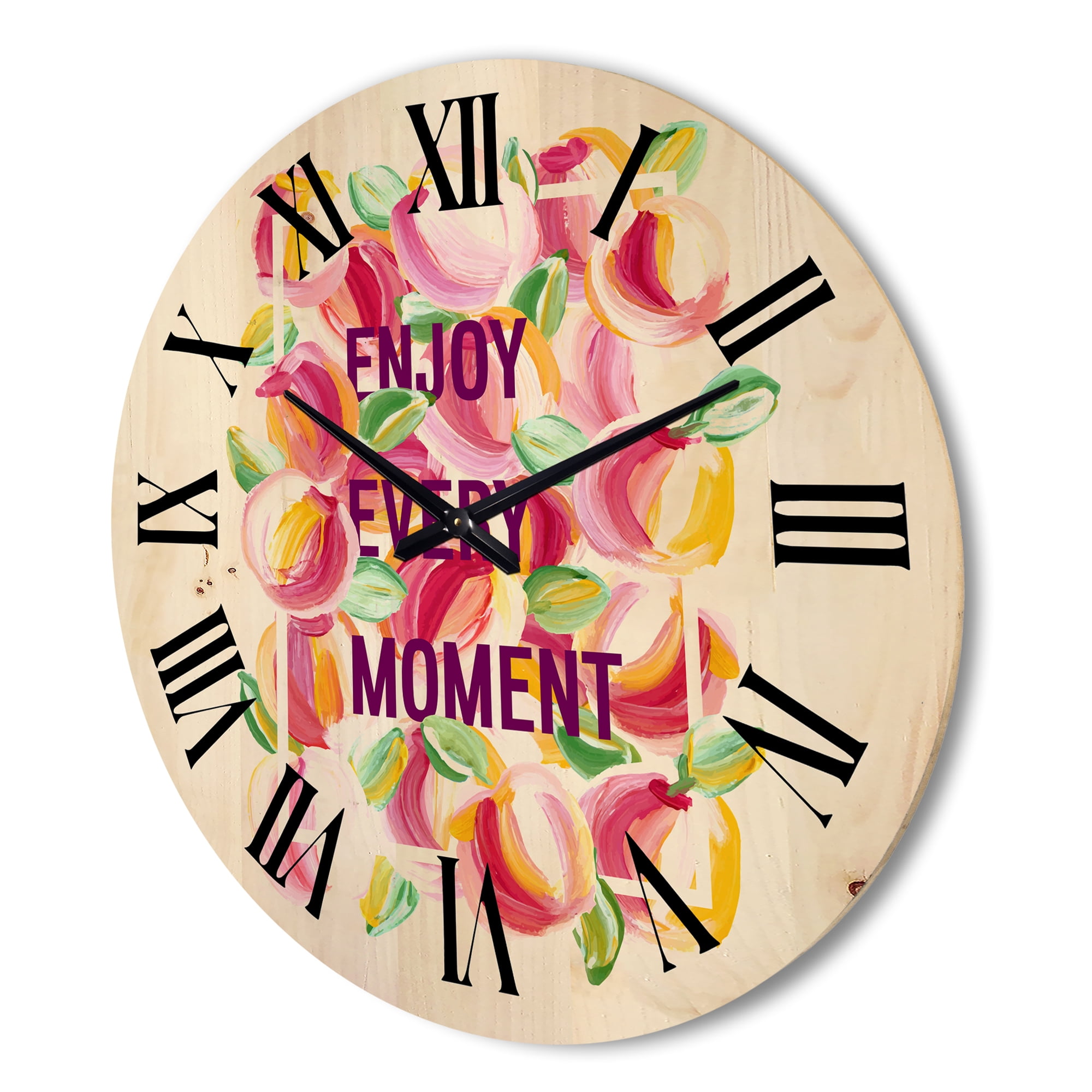 Designart 'Enjoy Every Moment Over Colorful Flowers' Traditional Wood Wall Clock