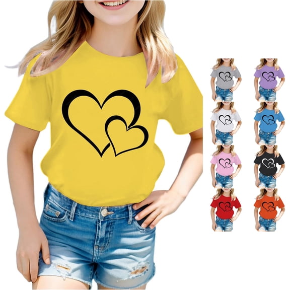 HCYSFG Girls Double Heart T Shirts Interlocking Outline Graphic Crewneck Short Sleeve Sweet Casual Graphic Tees Everyday Summer Tops