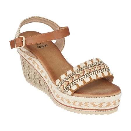 

GC Shoes Women s Open Toe Memory Foam Summer Espadrille Wedge Sandals Braided Strap Ankle Platform Heels Cheri/Tan/9