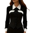 thumbnail image 2 of Women's Color Block Shirt, Slim Fit Collared Button Down Blouse for Office Work and Casual Wear, Long Sleeve Tops for Women Black L, 2 of 4