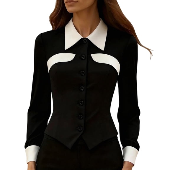 ManxiVoo Women's Long Sleeve Shirt Color Block Tailored Slim Fit Blouse for Workday Chic Style L Size Black