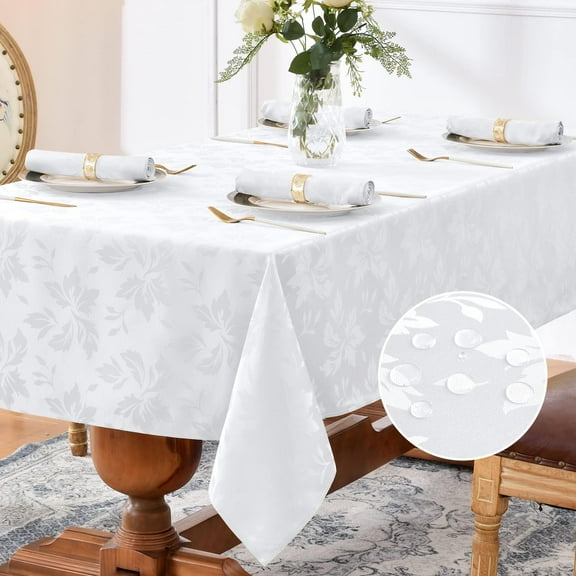 Romanstile Rectangle Tablecloth, Jacquard Waterproof Damask Floral Polyester Table Cloth, Waterproof Wipeable Table Cover for Dining, Kitchen, Party Decor (White, 60 x 84 Inch)