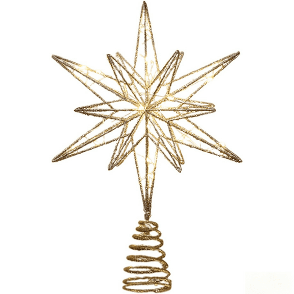 Christmas Tree Topper Lighted 13 Inches Gold Glittered LED Sparkling, Festive Holiday Treetop Decorations for Home Party Champagne Xmas Tree Star