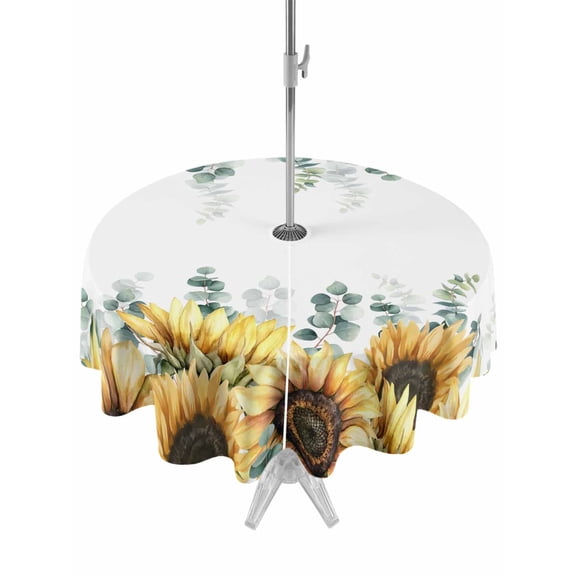 Outdoor Tablecloth with Umbrella Hole for Patio/Picnic/Party/Camping, Sunflower Eucalyptus Waterproof Table Cloth Round Cover Washable, Farmhouse Weeping Botanical (Dia 54")