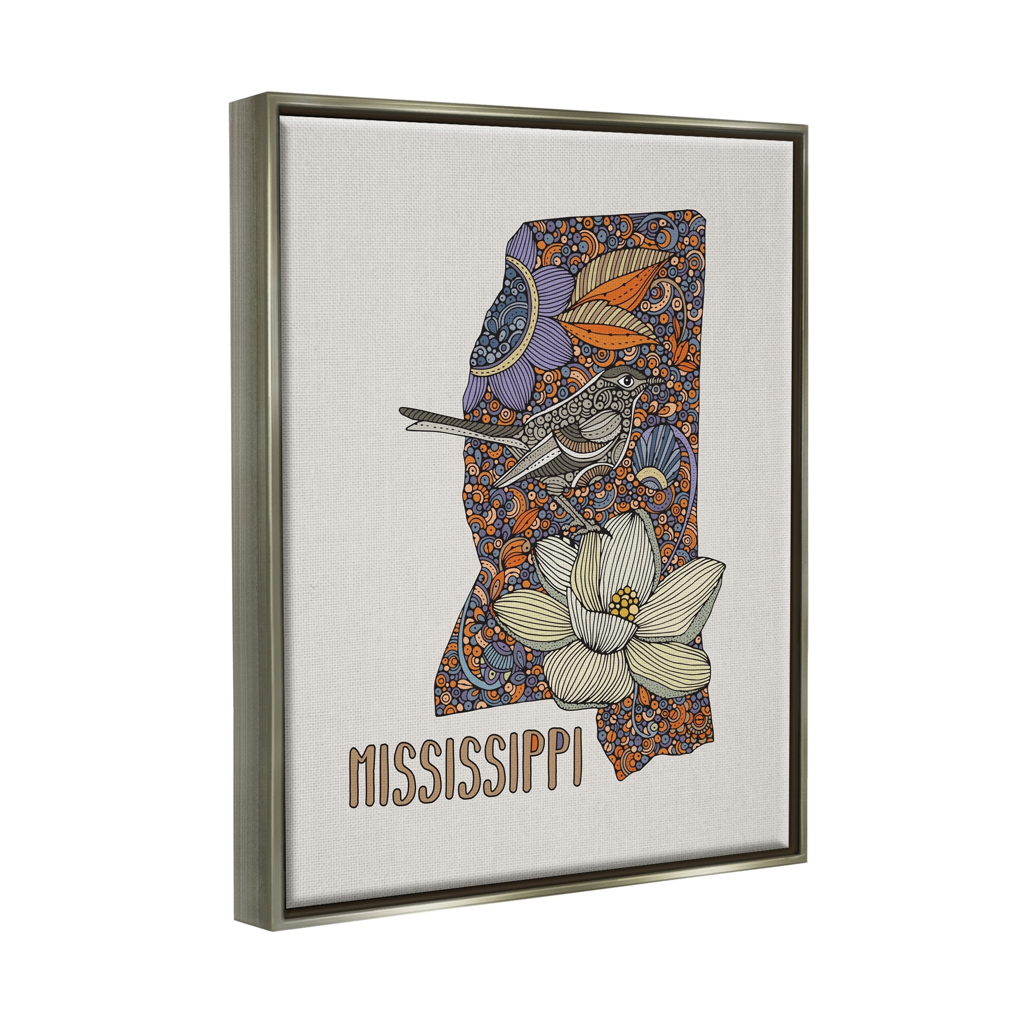 Stupell Industries Detailed Mississippi Bird & Flower Pattern Design Graphic Art Luster Gray Floating Framed Canvas Print Wall Art, Design by Valentina Harper