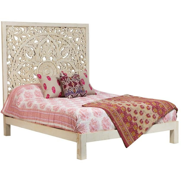 Lombok Hand Carved Floral Queen Bed White