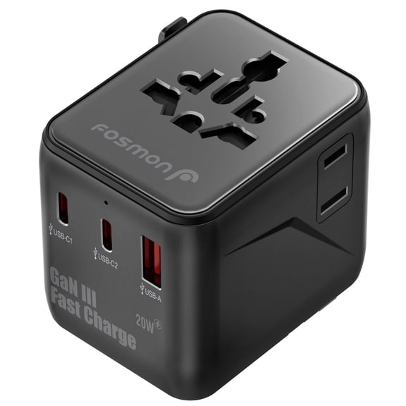 Fosmon 20W Universal Travel Adapter, Worldwide Charger with USB-C and USB-A Ports, International European Wall Charger AC Plug Adaptor with 10A fuse for US EU UK AU & More