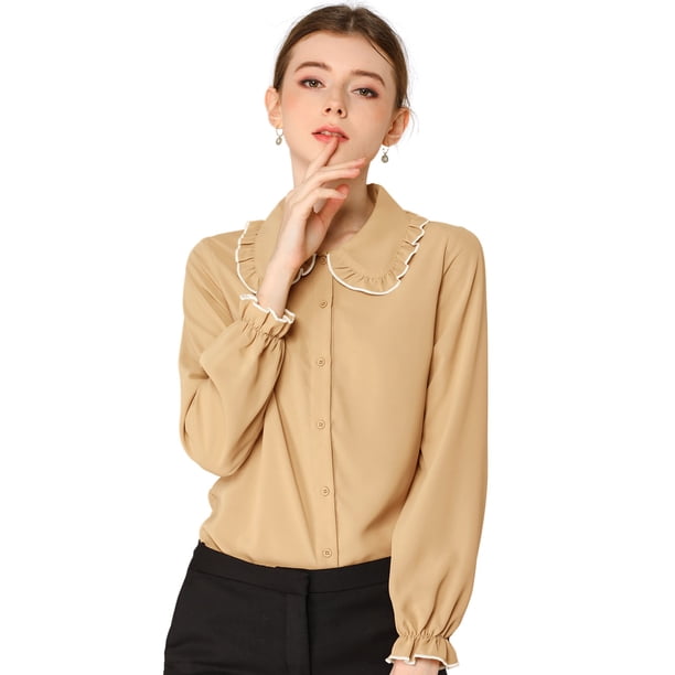 Blusa De Manga Larga Con Cuello Peter Pan Y Volantes Para Mujer Caqui S