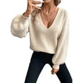 thumbnail image 3 of Women Off the Shoulder V Neck Sweater Top Fitted Long Sleeve Shirt Tie Back Sweater Khaki M, 3 of 9