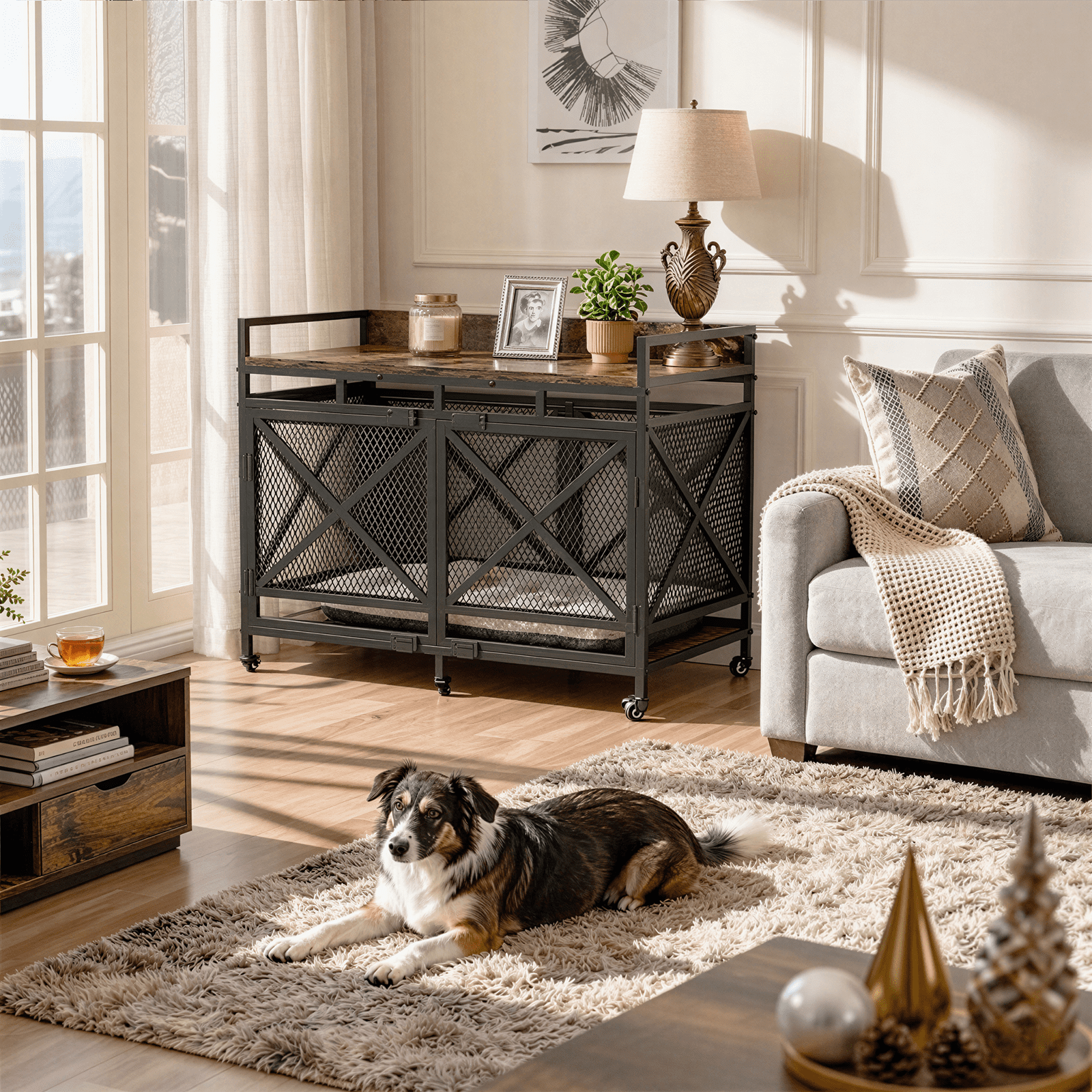 Fowroa 48" Dog Crate with Wheels Dog Crate Furniture for Large Dogs up to 90 lbs, Waterproof Top, Brown