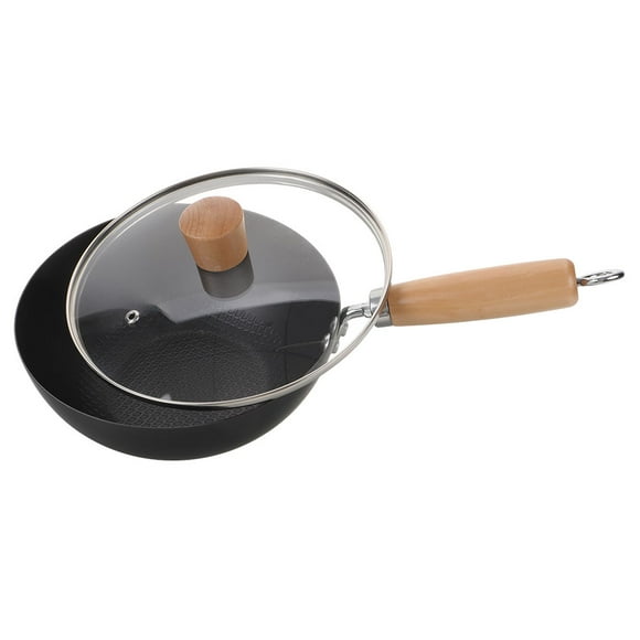 HOOWIFFY 32Set Wok Pan with Lid Cast Iron Wood Handle Traditional Chinese Style for Asian Cuisine Cooking Wok