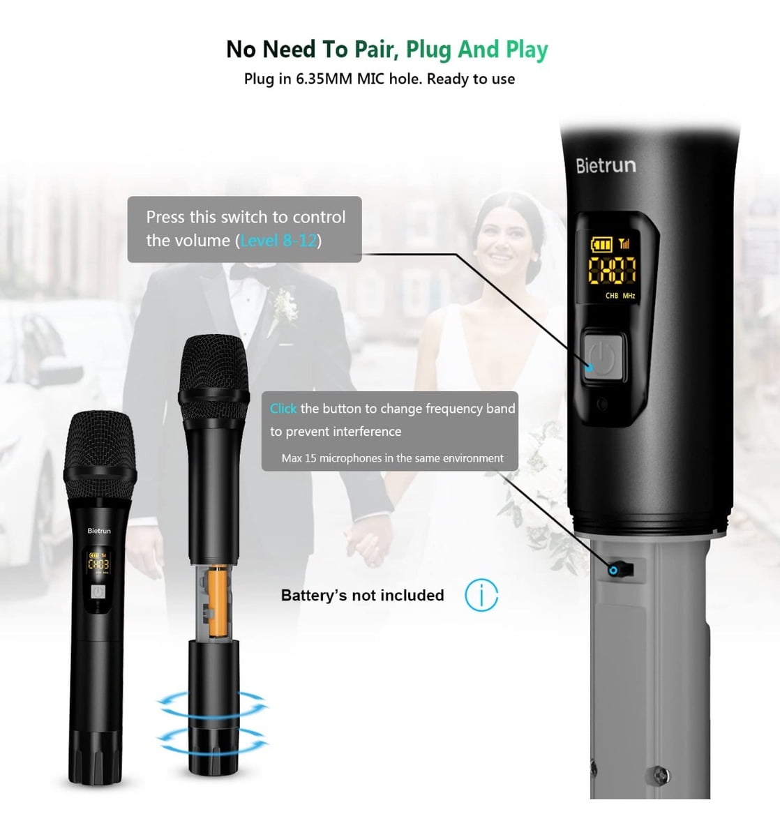 Wireless Microphone, Bietrun UHF Metal Dual Handheld Cordless Dynamic Mic System with Rechargeable Receiver, 1/4‘’Output, for Karaoke, Church, Speech, Wedding, Party Singing(160 ft Range)
