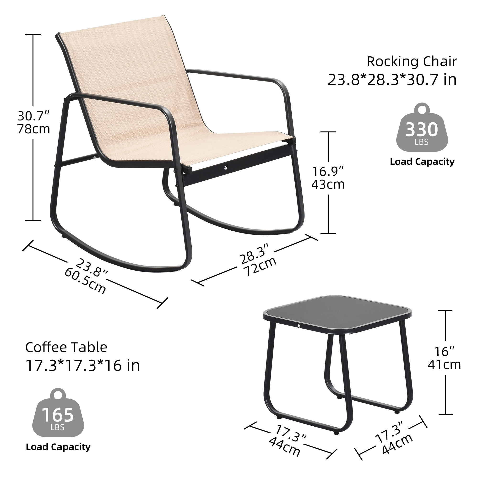 Uforic 3 Pieces Outdoor Patio Conversation Set, Textilene Patio Bistro Set with Coffee Table, Modern Rocking Bistro Chair - Brown