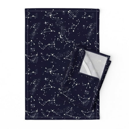 

Printed Tea Towel Linen Cotton Canvas - Zodiac Constellations Night Navy Sky Stars Celestial Decor Galaxy Space Baby Nursery Astrology Print Decorative Kitchen Towel by Spoonflower