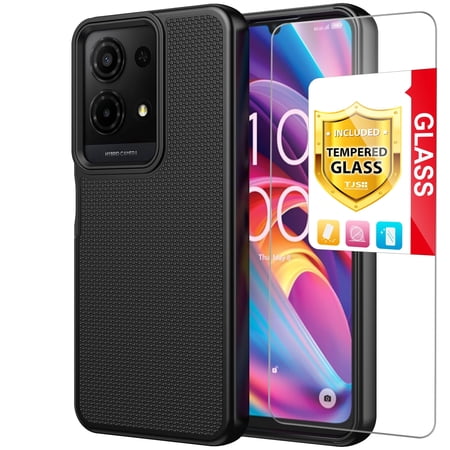 TJS Phone Case for TCL K32 5G / K33 5G, with Tempered Glass Screen Protector, Slim Dual Layer Hybrid Shockproof Rugged Phone Cover (Black)