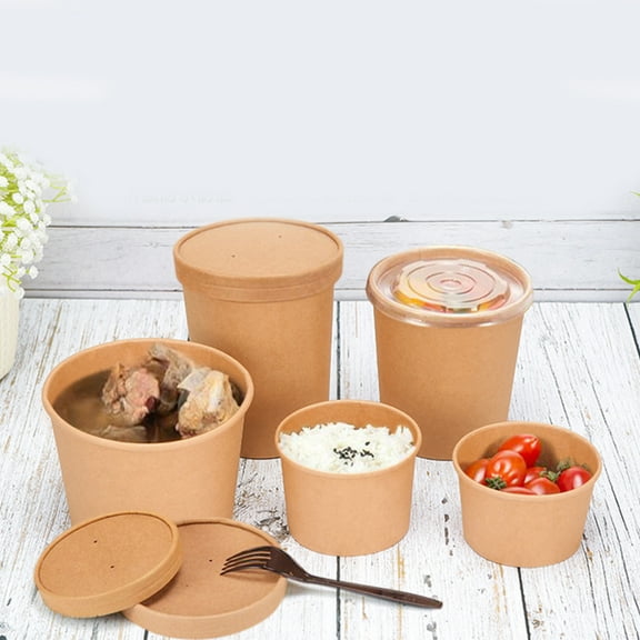 WHAMVOX Kraft Paper Soup Cup Disposable 12 Oz Beige Oilproof for Eating with Lids 50 Pcs