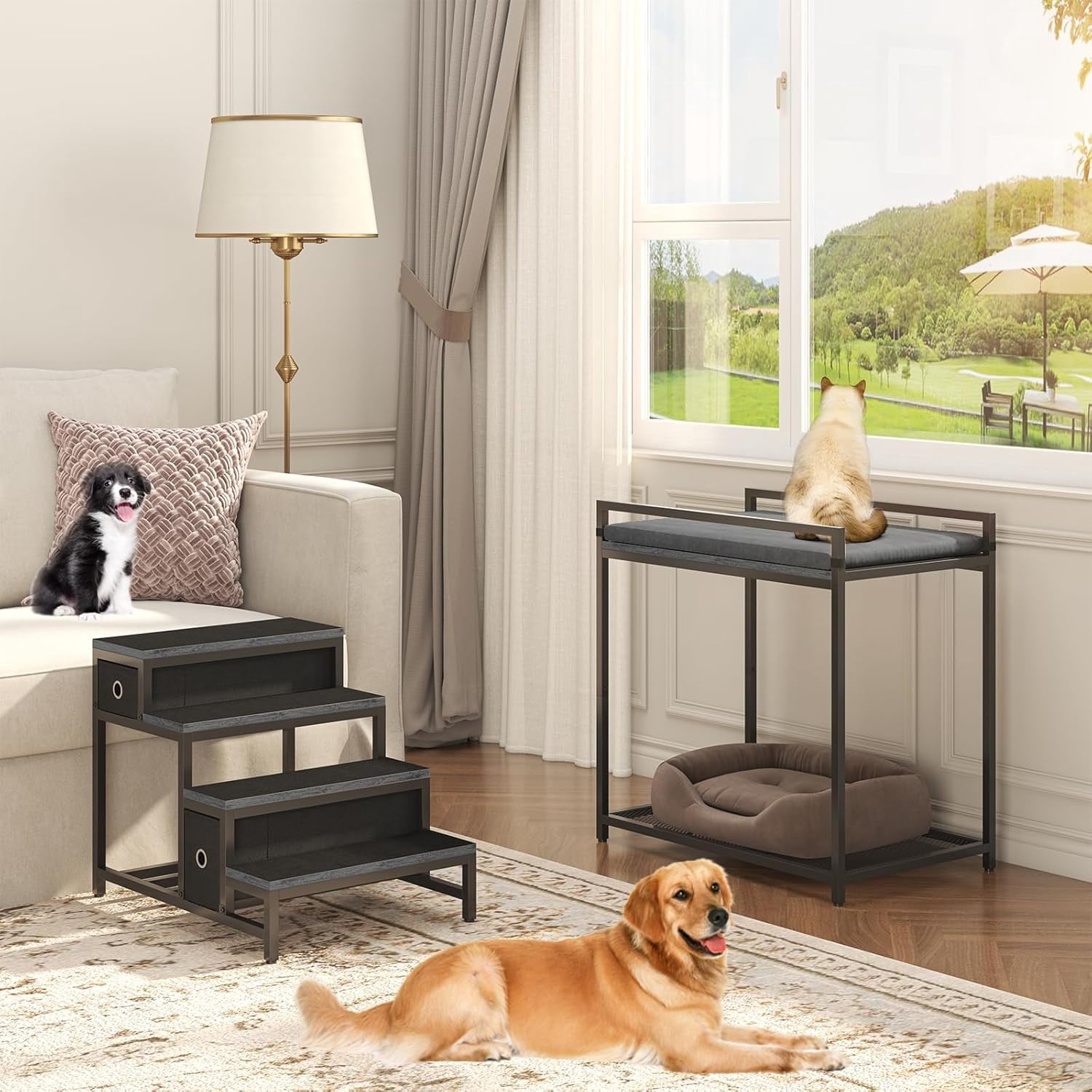 Dog Window Perch with Steps, Dog Bunk Bed Cat Windows Perch with Couch and 2 Fabric Drawer, Pet Bed and Pet Srairs Sets, Indoor Pet Furniture, Black