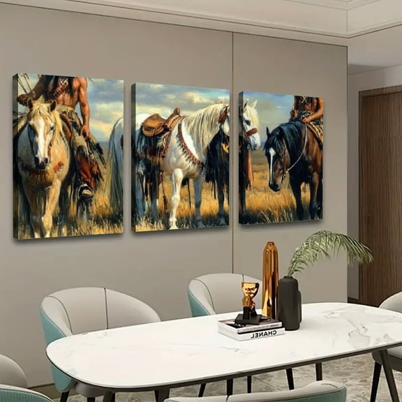 Shadudu Native Horses Dog Canvas Print Modern Art 3-Piece Large Size Wall Art Set 16x24x3pcs