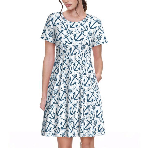 Disketp Nautical Theme Anchors para Vestido de Manga Corta para Mujeres, Vestidos de Verano para Mujeres, Casual y Holgado para la Playa