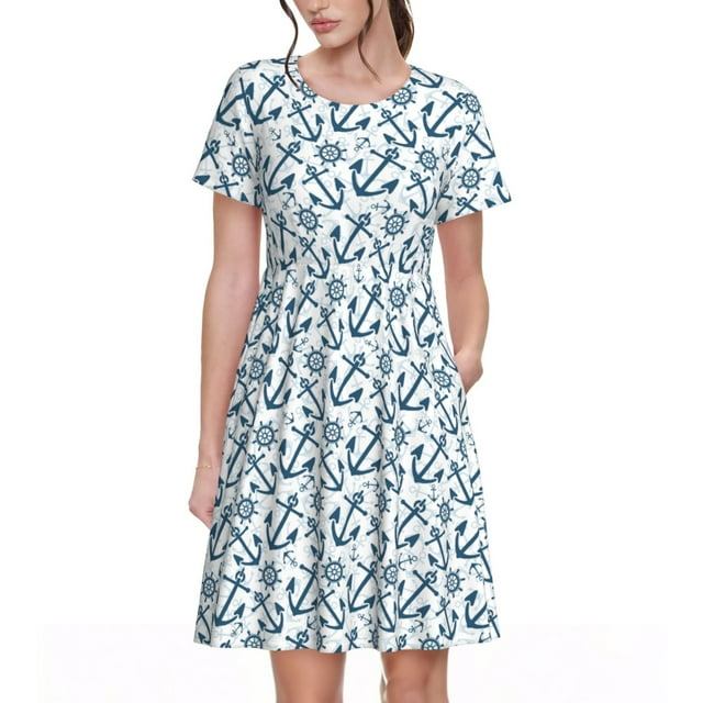 Fotbe Nautical Theme Anchors Vestido Largo de Moda para Mujer, Vestido Tipo Camiseta con Manga Corta y Estilo Casual a Rayas y Bloques de Color