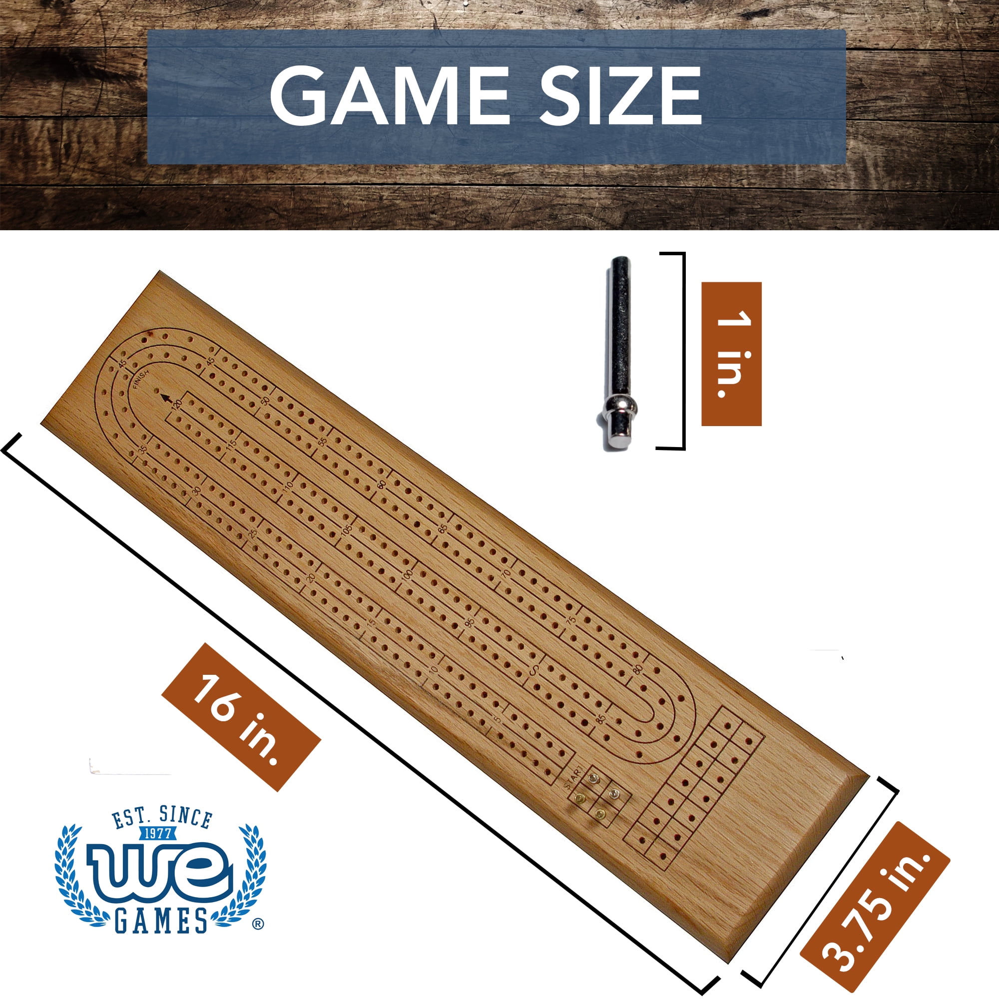 WE Games Classic Cribbage Set - Solid Wood 2 Track Board - Metal Pegs