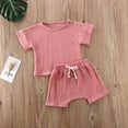 thumbnail image 2 of Baby Girls Summer 2-Pieces Outfit Set Solid Color Button Design Pleated Short Sleeve Loose Top Shirt, 2 of 5