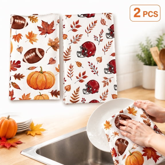 Fall Football Kitchen Dish Towels, 2 PCS 40x60cm Autumn Maple & Pumpkin Print Cleaning Cloths for Game Day & Thanksgiving