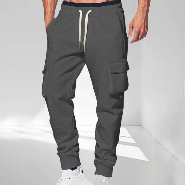 Pantalones cargo de poliéster para hombre, de longitud completa, a la moda, de color liso, con bolsillos, cordón ajustable, cintura elástica y pierna recta.