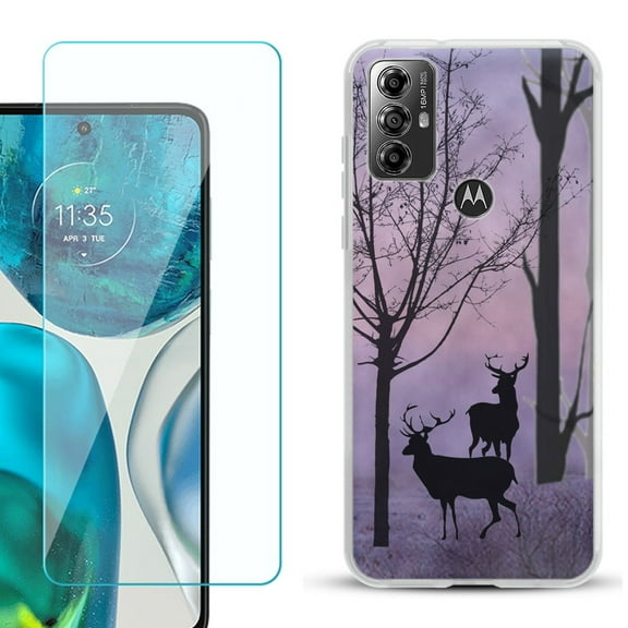 OneToughShield ® for Motorola Moto G Play 2023 Shockproof Fashion Phone Case, with Tempered Glass Screen Protector - Forest/Deer/Twilight