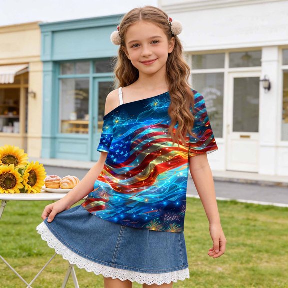 SGFCWSX Girls T Shirts One Shoulder Short Sleeve American Flag Print Casual Loose Fit Fashion Tops for Kids Multicolor Size 7