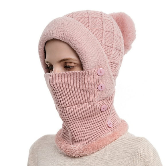 AWZXDE Women Winter Solid Color Knitted Ski with Scarf and Hood Integrated for Outdoor Riding Cold Defect Warm Pullover Hat Pink,One Size