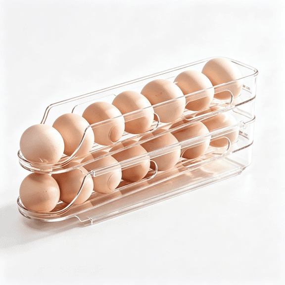 VKLU 2 Tier Auto-Rolling Egg Dispenser for Refrigerator, Stackable Gravity-Fed Egg Holder with Removable Drawer Tray, Space-Saving Kitchen Storage for 14 Eggs