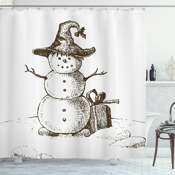 Ambesonne Snowman Shower Curtain, Sketchy Hand Drawn Snowman, 69"Wx75"L, Dark Cocoa and White