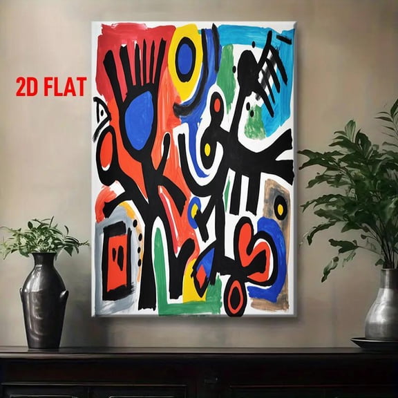 Modern Abstract Wall Art Painting - Multicolor Black White Red Blue Green Yellow Brown Beige Wood Framed Wrapped Canvas, Minimalist Multicolor Abstract Shapes