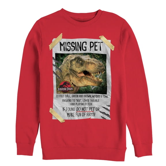 Men's Jurassic Park T. Rex Missing Pet Sweatshirt Red Medium