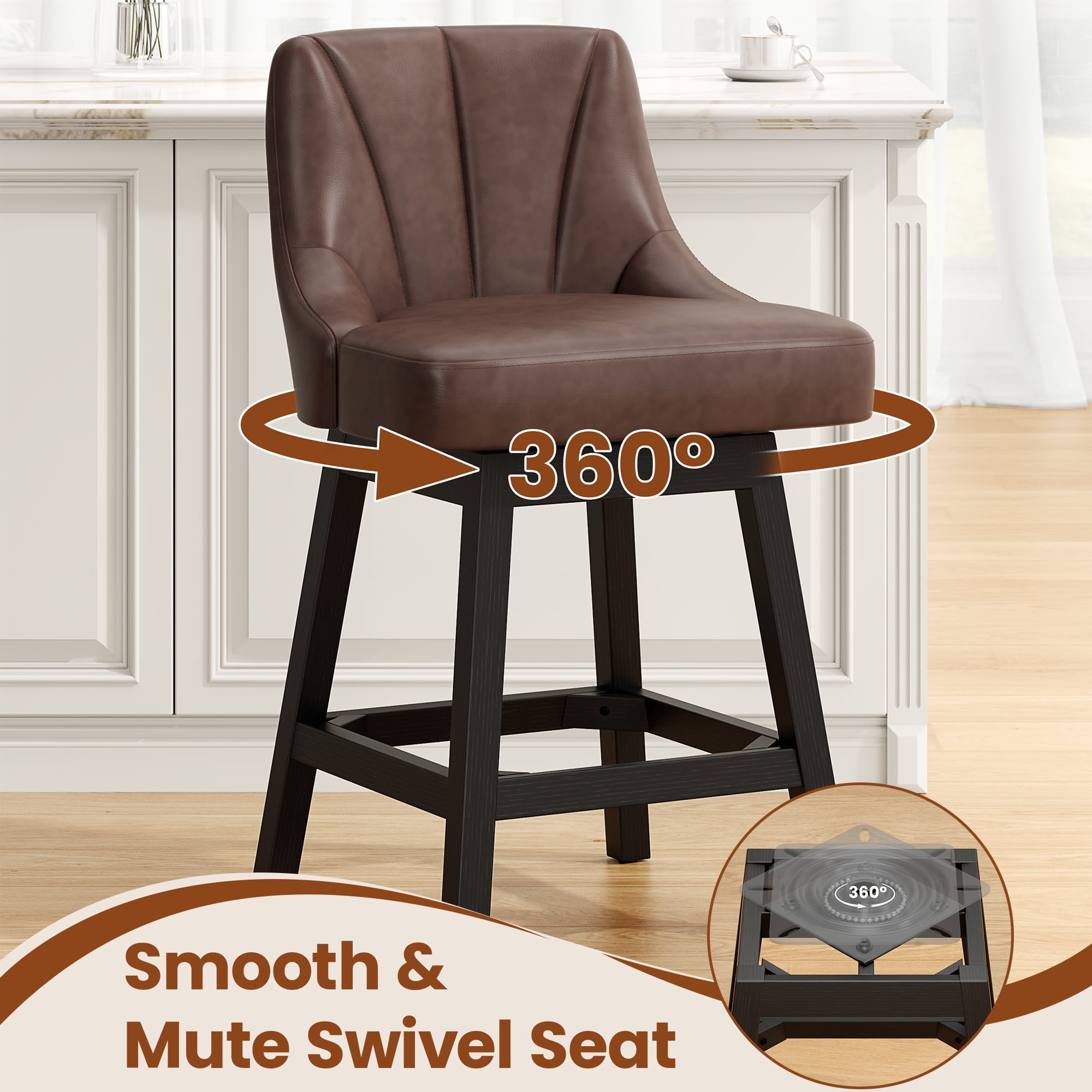 LainTene 26" Swivel Bar Stools with Backs, 26" Counter Height Bar Stools, Extra Upholstered Counter Barstools with Square Solid Wood Legs for Kitchen Island, Dining Room