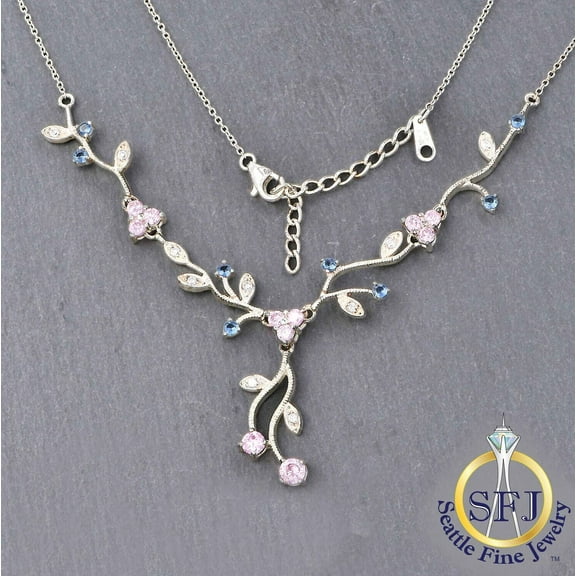 Morganite and CZ Botanical Lavalier Necklace, Solid Sterling Silver