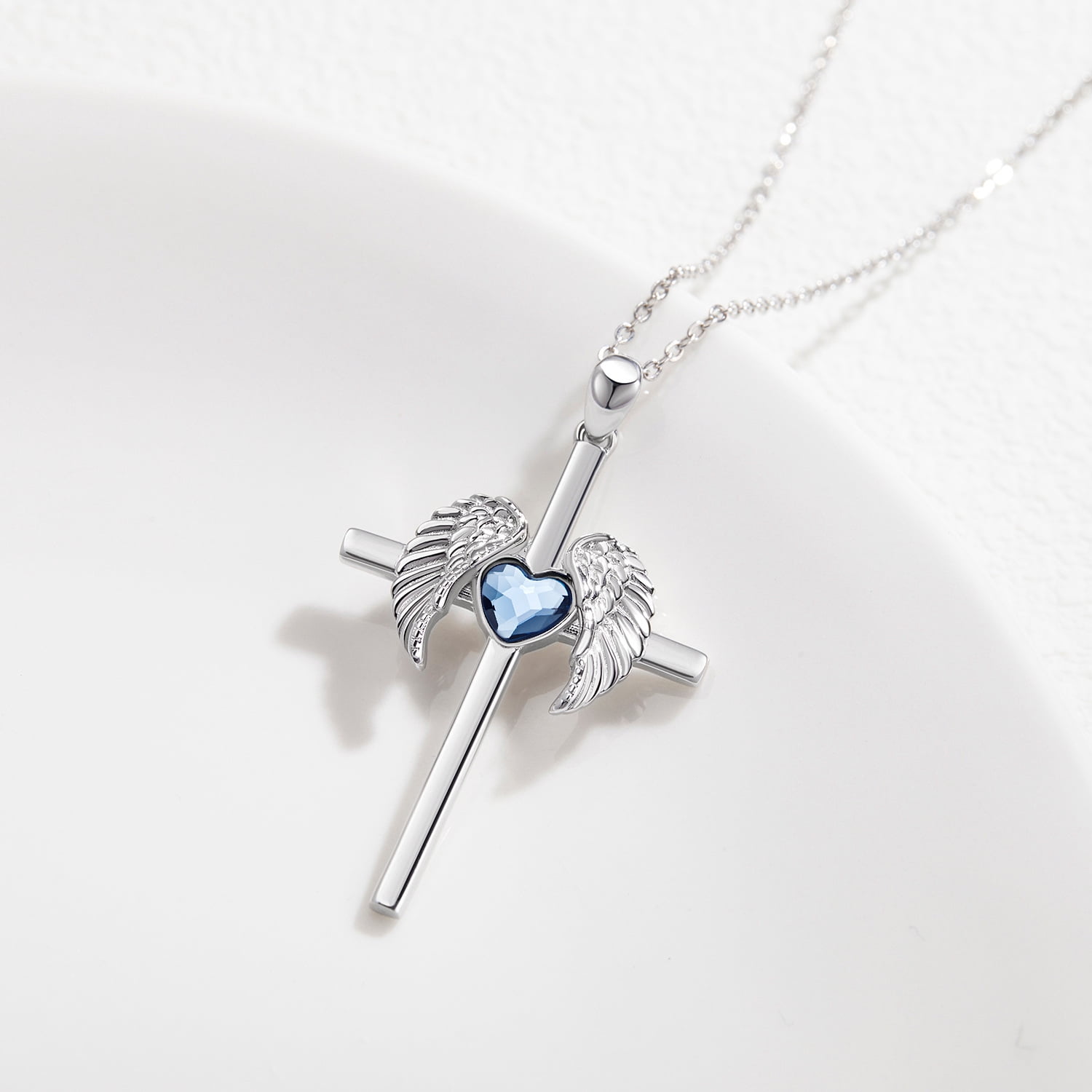 Coachuhhar Cross Necklace 925 Sterling Silver Angel Wings Pendant Necklace with Heart Blue Crystal Cross Jewelry Gifts for Women