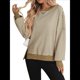 thumbnail image 2 of Sudadera Holgada de Otoño para Mujer, Informal, de Punto Gofre, Larga, Cuello Redondo, Abertura, Tipo Túnica. Caqui M, 2 of 9