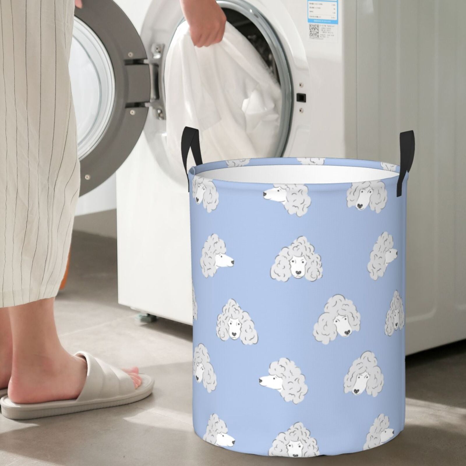 Large Laundry Basket with Handles - Cute Funny Poodle Dog Blue Kids Baby Dirty Clothes Laundry Hamper for Bedroom Aesthetic