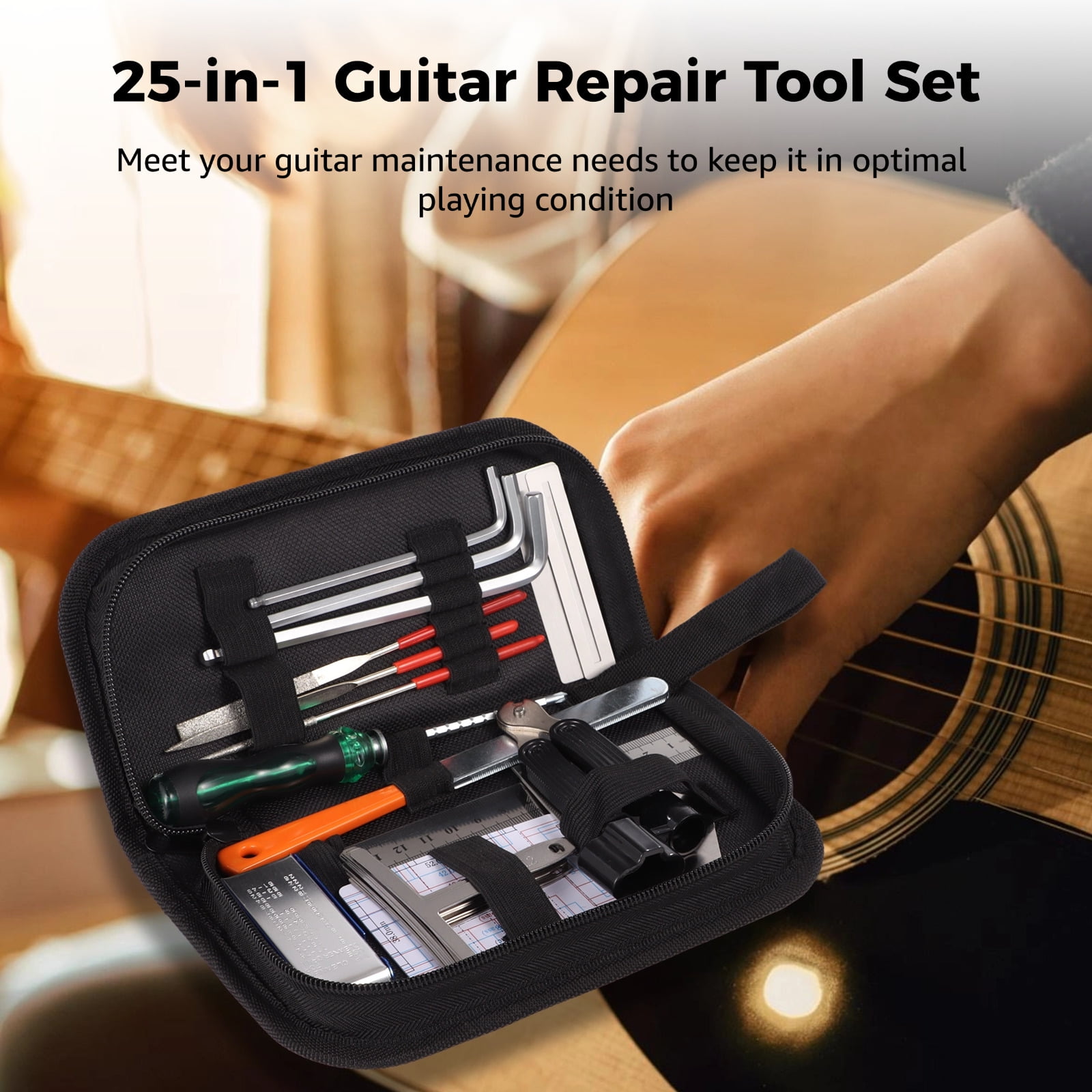 25PCS Guitar Repair Tools, Guitar Maintenance Kit, Electric Guitar Repairing Tools, String Instrument Set up Adjustment Kit, Luthier Tools for Guitar Ukulele Bass Banjo, Guitar Enthusiast Gift
